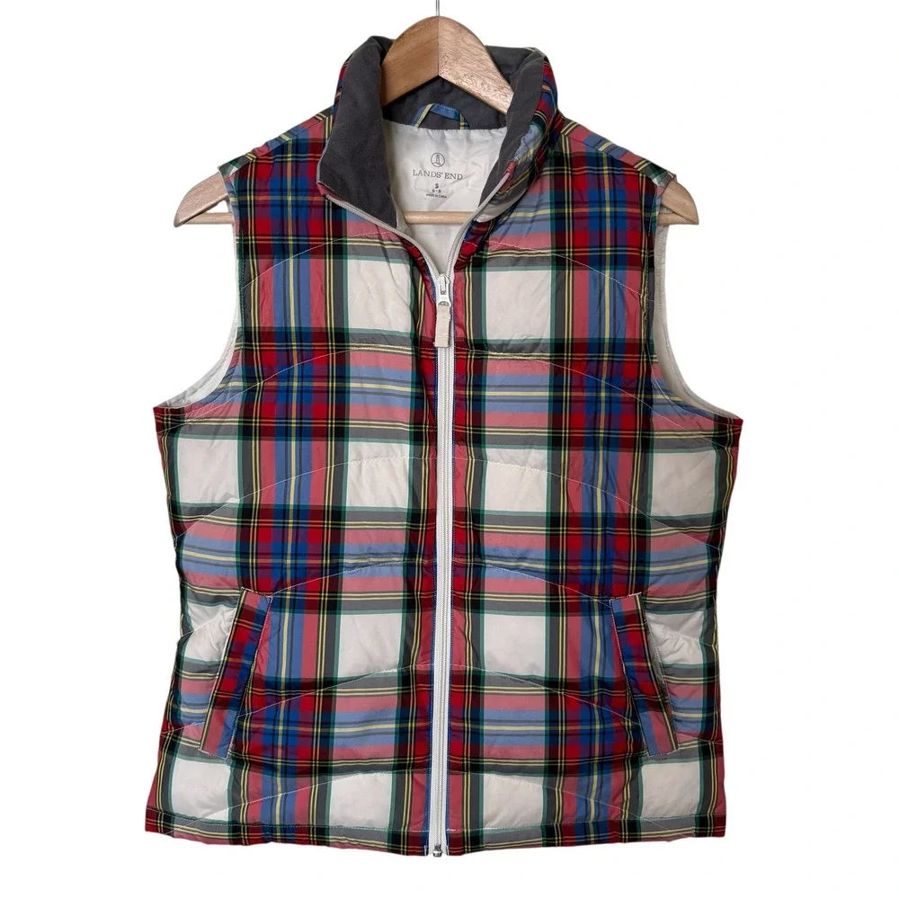 Lands End Womens Plaid Puffer Vest Size Small Red Blue Zip Front Sleeveless